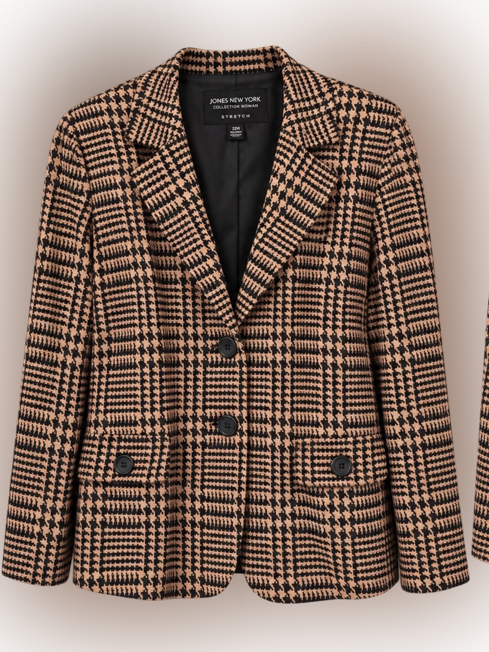 Vintage Jones New York Tan and Black Houndstooth Stretch Jacket (Plus Size)